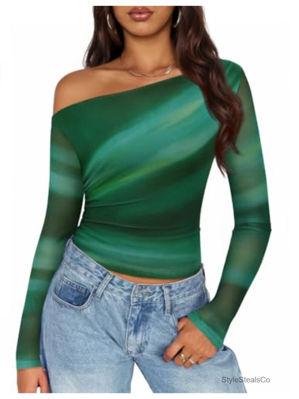 Women's Floral Mesh Off Shoulder Long Sleeve Ruched Blouse